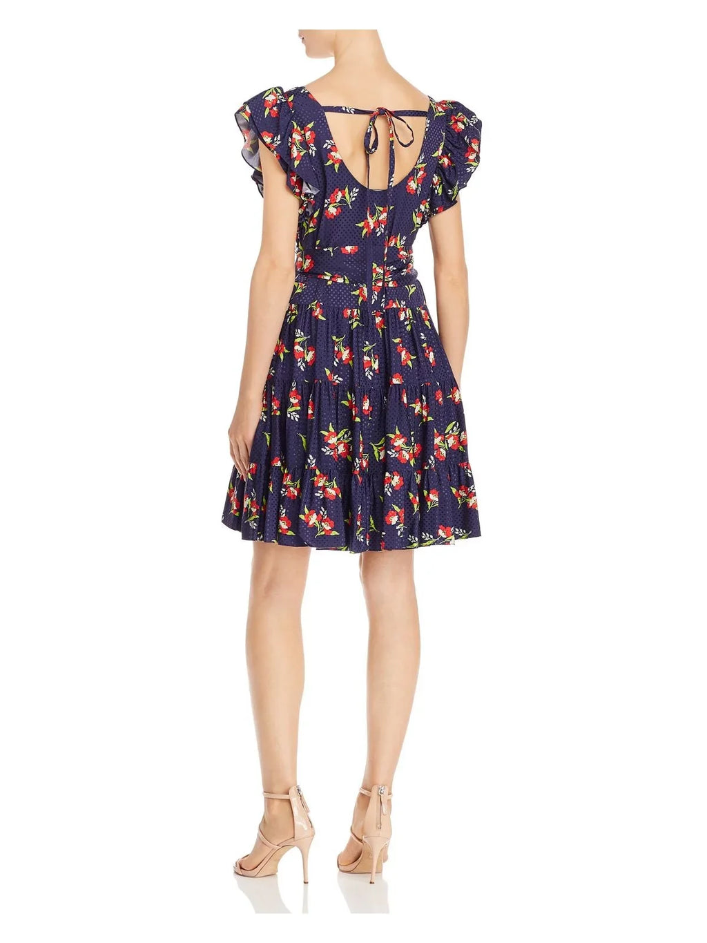 JILL STUART Womens Navy Back Cut Out Floral Cap Sleeve Scoop Neck Short Fit + Flare Dress L