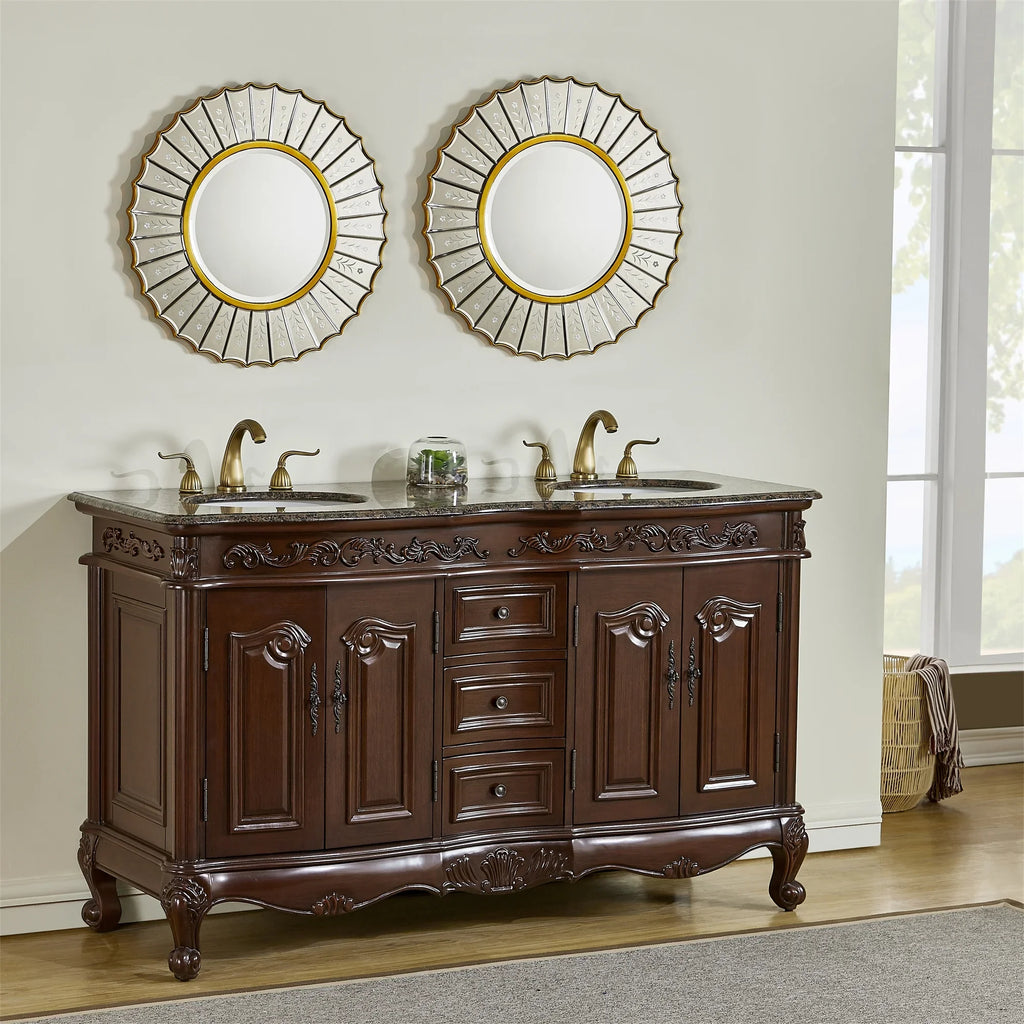 Stufurhome 60 inch Saturn Double Sink Vanity with Baltic Brown Granite Top