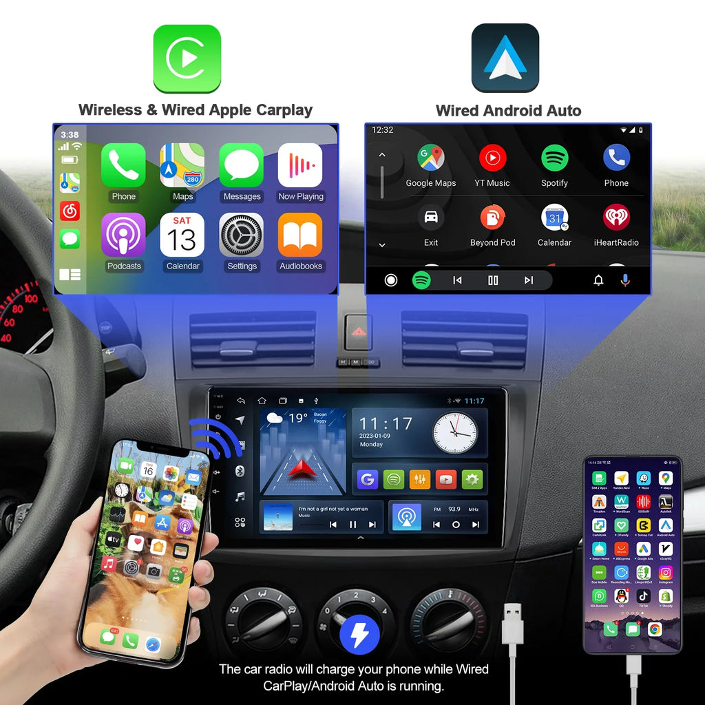 Android 10 Double Din Car stereo for Mazda 3 2010 2011 2012 2013 with 9 Inch TouchScreen Radio Built-in Wireless Carplay/Android Auto/GPS/Bluetooth/FM/AUX-in/Steering Wheel Control Backup Camera 2+32G