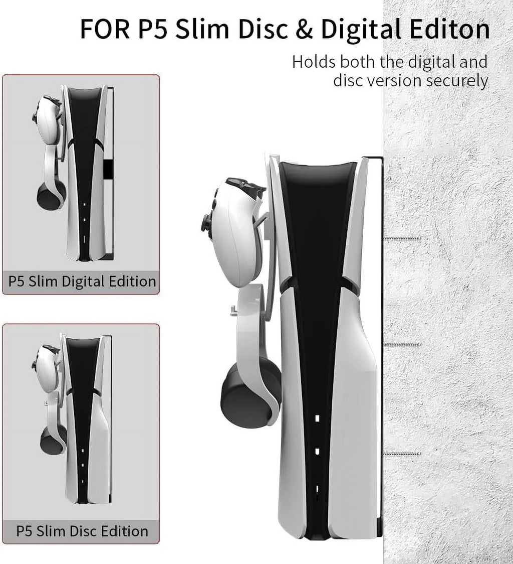 Uberwith Steel Wall Mount Bracket Fitting with PS5 Slim, Stable Metal Wall Hanging Stand for PS5 Slim with Controller Holder & Headphone Hanger,Black