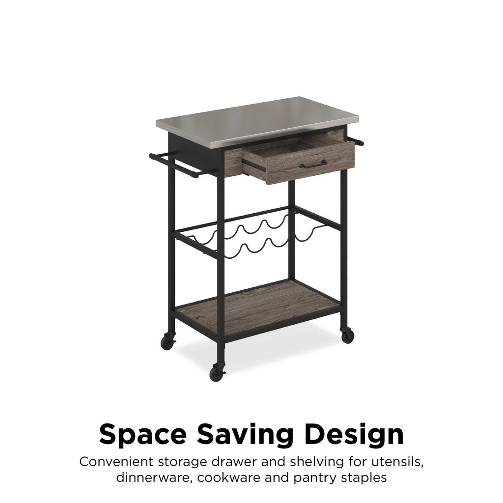 Novogratz Nora Multifunctional Kitchen Cart, Wine Rack and Pantry Storage, Stainless Steel and Black Metal, Brown