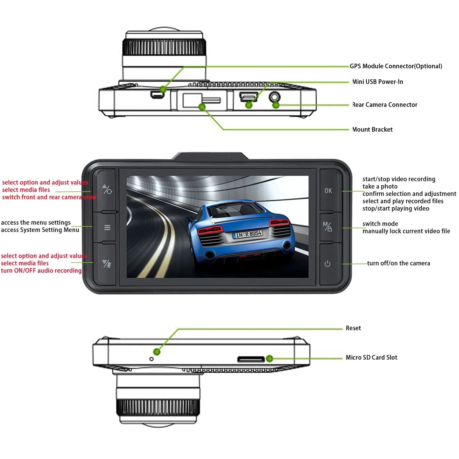 TOGUARD Dash Cam Dual 1080P FHD Front and Rear Dash Camera 3" IPS WDR GPS Car Camera Loop Recording G-Sensor Black