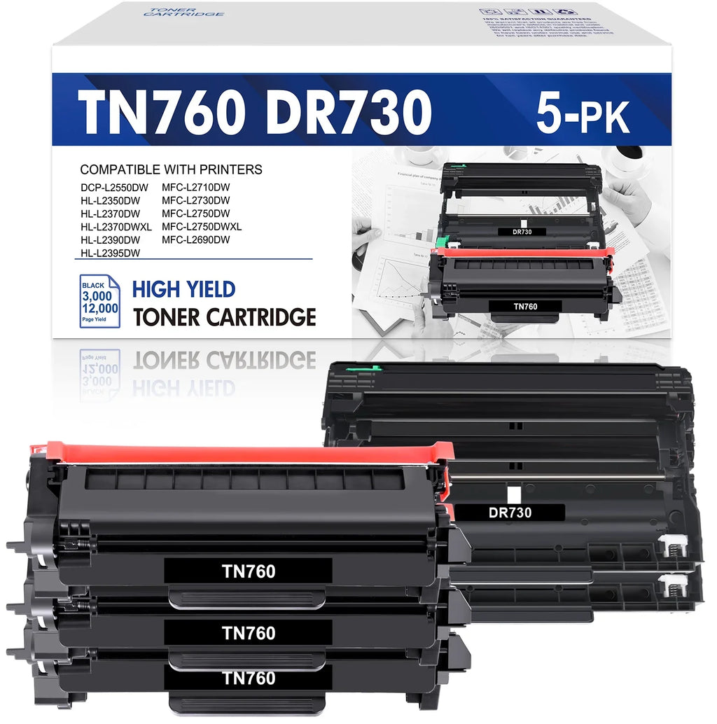 TN-760 Toner Cartridge Black High Yield and DR730 Drum Unit Set Matching for Brother DCP-L2550DW HL-L2350DW MFC-L2710DW MFC-L2690DW Printer (3x TN760 Toner, 2x DR730 Drum Unit )