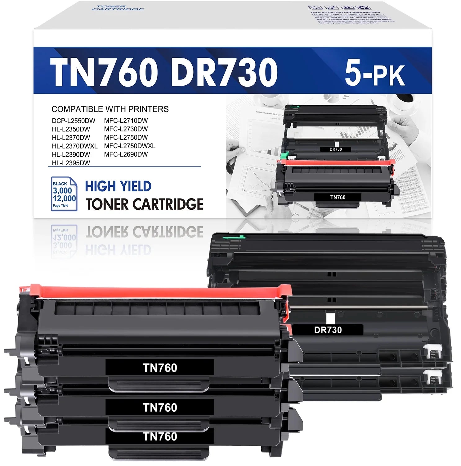 TN-760 Toner Cartridge Black High Yield and DR730 Drum Unit Set Matching for Brother DCP-L2550DW HL-L2350DW MFC-L2710DW MFC-L2690DW Printer (3x TN760 Toner, 2x DR730 Drum Unit )
