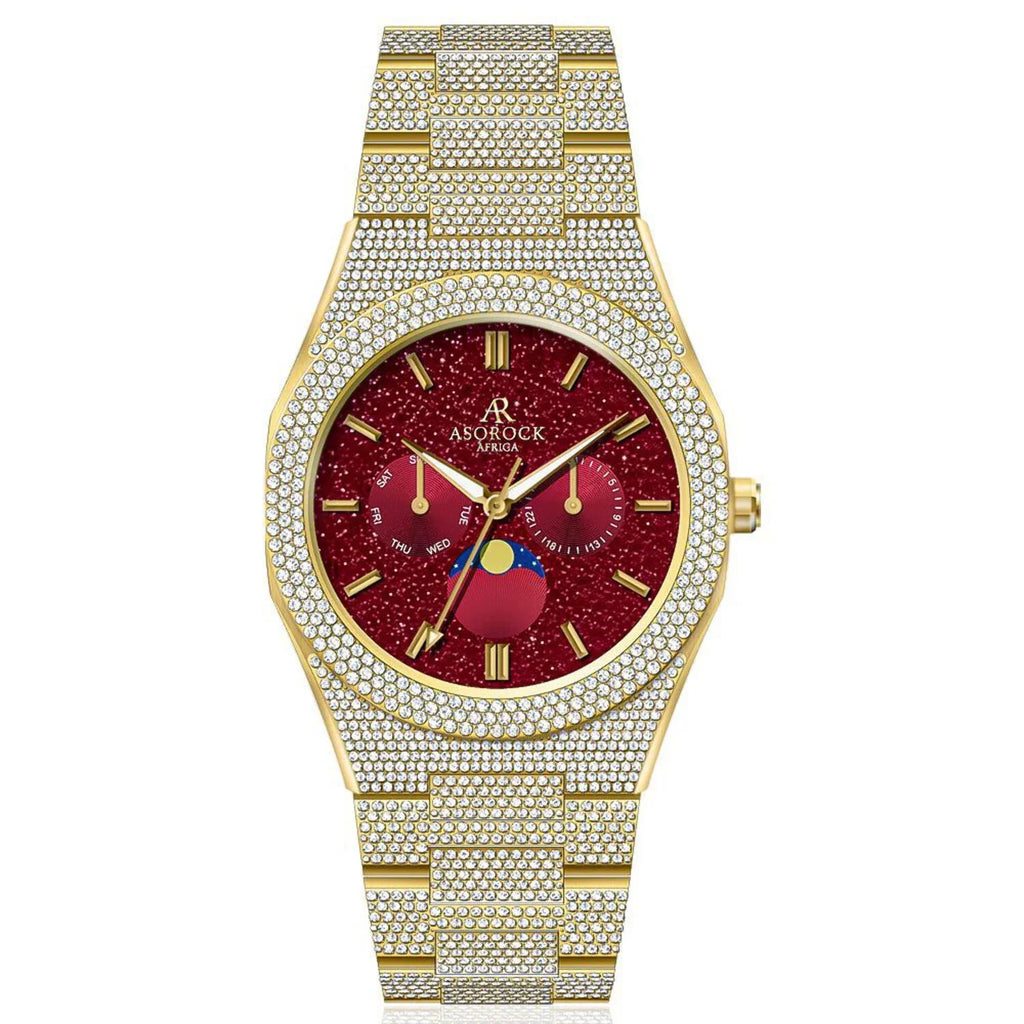 Asorock Watches | Yellow Gold/Red | Iced transporter - Small diamond bezel - Fully iced strap | 44mm CZ diamond watch