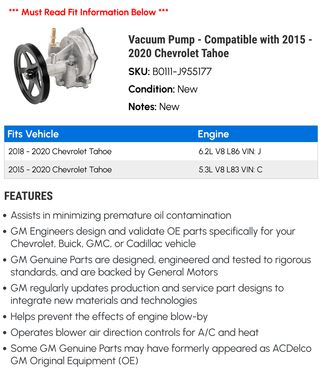 Vacuum Pump - Matching with 2015 - 2020 Chevy Tahoe 2016 2017 2018 2019