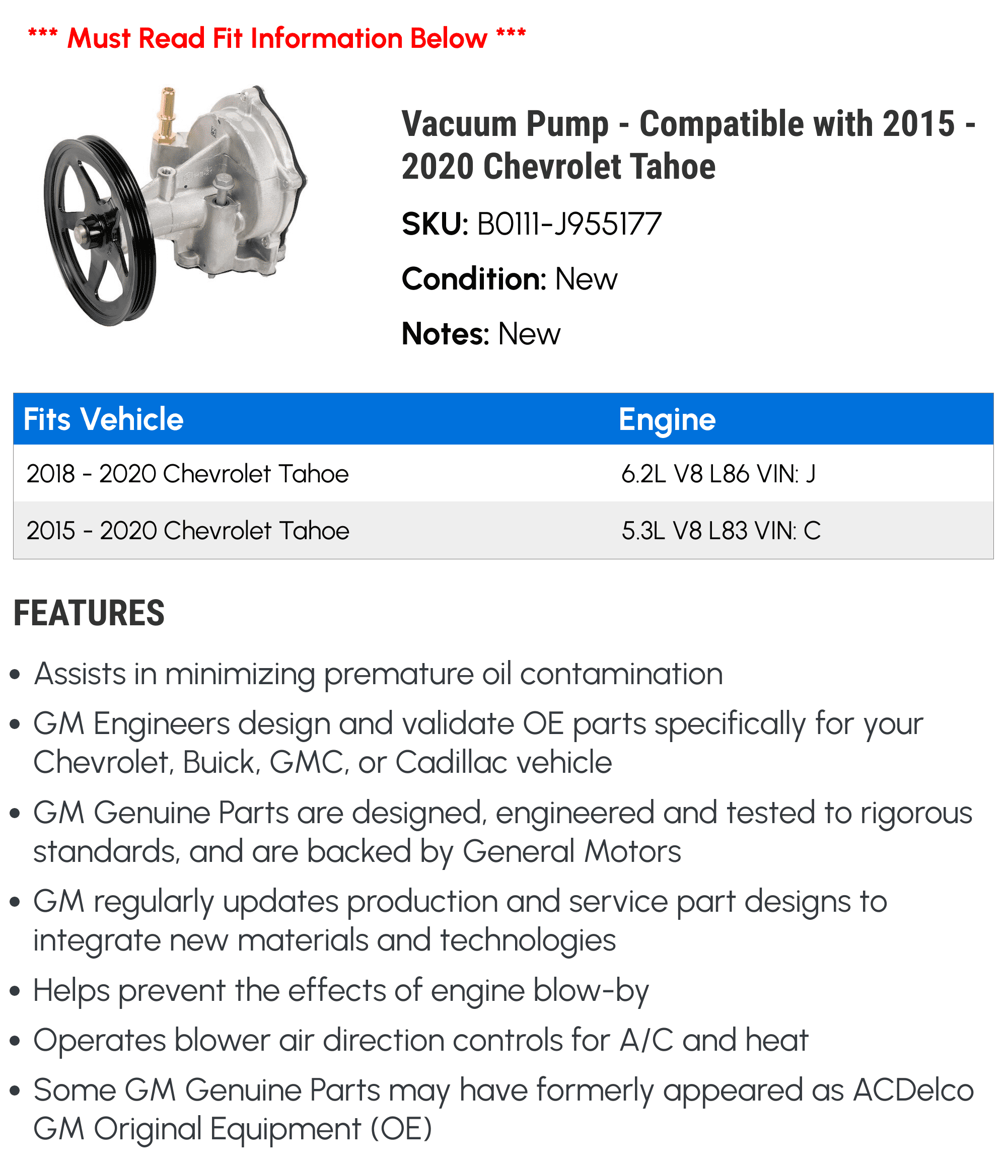 Vacuum Pump - Matching with 2015 - 2020 Chevy Tahoe 2016 2017 2018 2019