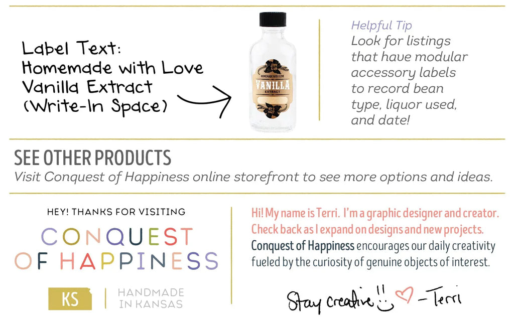 Homemade Vanilla Extract Labels with 2 oz Bottles - Write-In - Handmade by Conquest of Happiness | Pack of 08