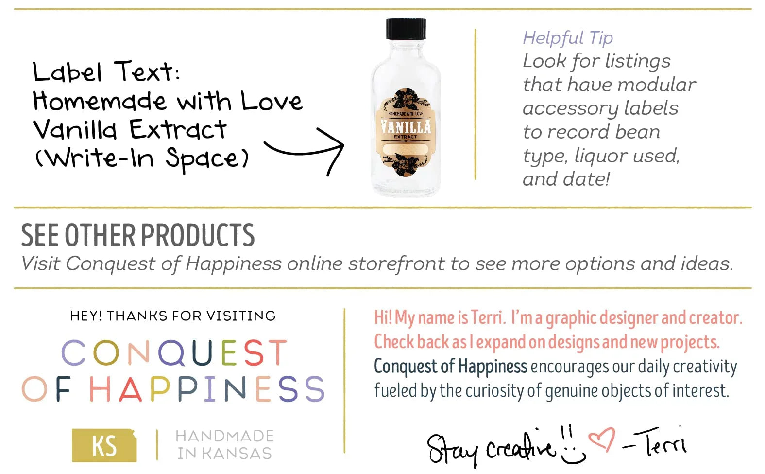 Homemade Vanilla Extract Labels with 2 oz Bottles - Write-In - Handmade by Conquest of Happiness | Pack of 08