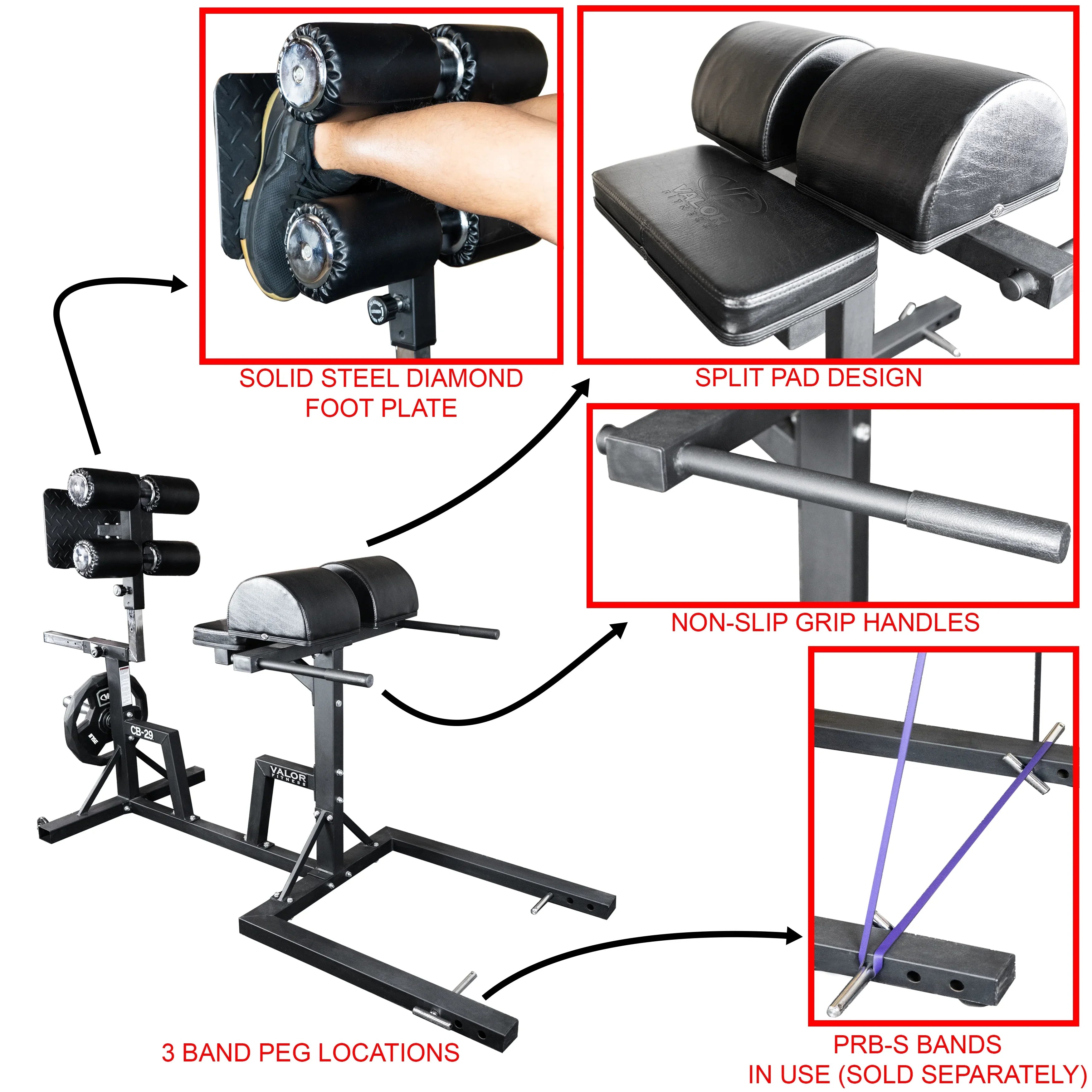 Valor Fitness Glute Ham Developer Machine - Adjustable GHD Equipment- Max Weight 400 lbs - Ab Hip Back Workout - Hyperextensions Sit Ups – Includes Band Pegs - Olympic Plate Storage - Home Gym -