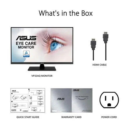 ASUS 32" (31.5" Viewable) 1440P Monitor (VP32AQ) - QHD (2560 x 1440), IPS, 100% sRGB, HDR10, 75Hz, Speakers, Adaptive-Sync/FreeSync, Low Blue Light, Eye Care, VESA Mountable, Frameless, DisplayPort, H