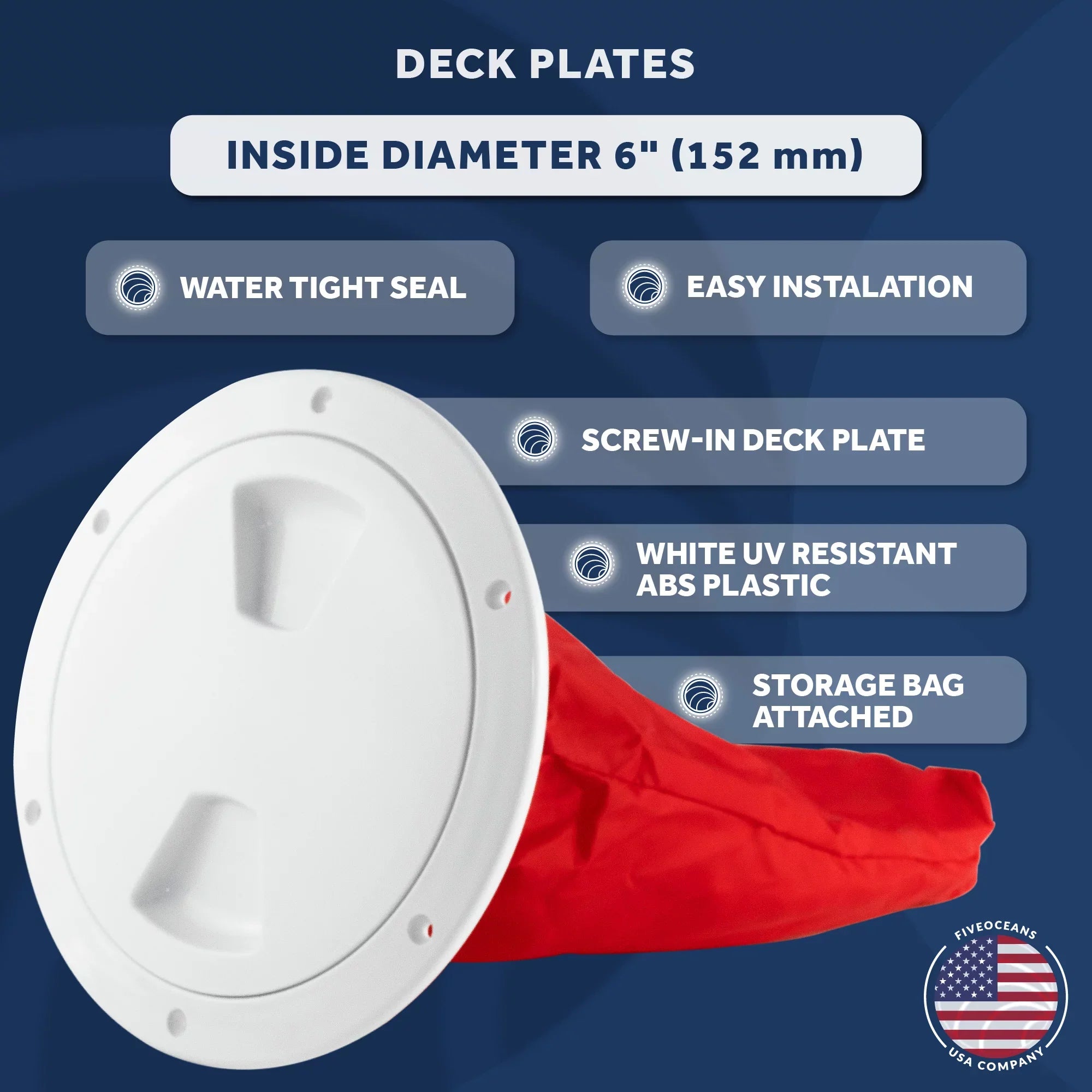 Five Oceans 6" Vessel Hatch, Marine Round Inspection Deck Plate Hatch with Detachable Coating and Storage Bag, Strong ABS White Plastic, for Pontoon, Fishing Watercraft Bass Vessel RVs, Caravan - FO4467