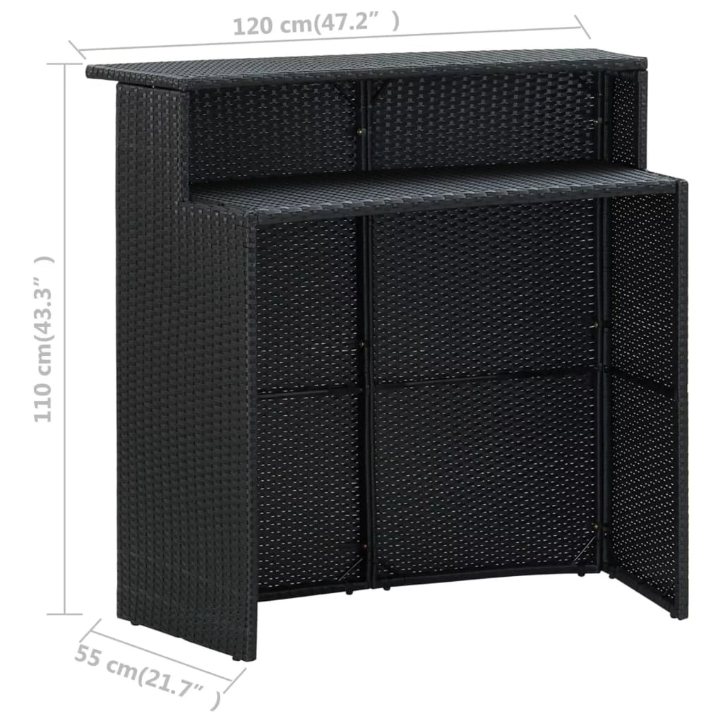 Dcenta 3 Piece Garden Bar Set Table with Storage Shelf and 2 Cushioned Stool Chairs Dining Set Black Poly Rattan for Bistro, Pub, Backyard, Terrace, Patio