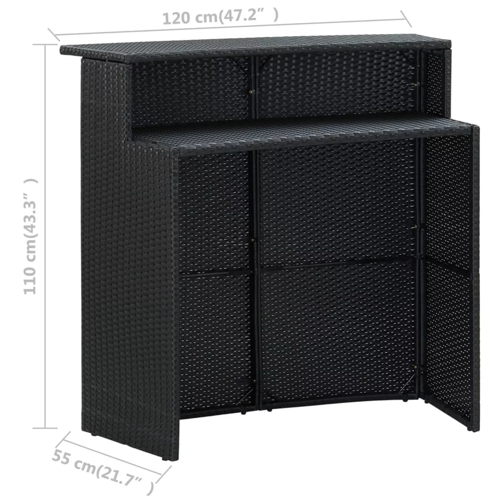 Dcenta 3 Piece Garden Bar Set Table with Storage Shelf and 2 Cushioned Stool Chairs Dining Set Black Poly Rattan for Bistro, Pub, Backyard, Terrace, Patio