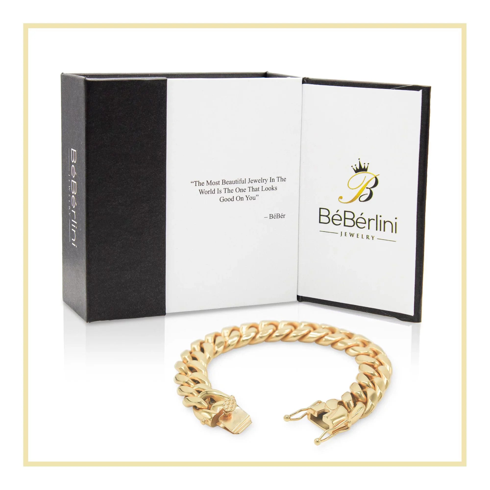 BEBERLINI Cuban Link Bracelet 14K Gold Plated Curb Chain 9" Stainless Steel Fashion Jewelry for Adult Men 16 mm