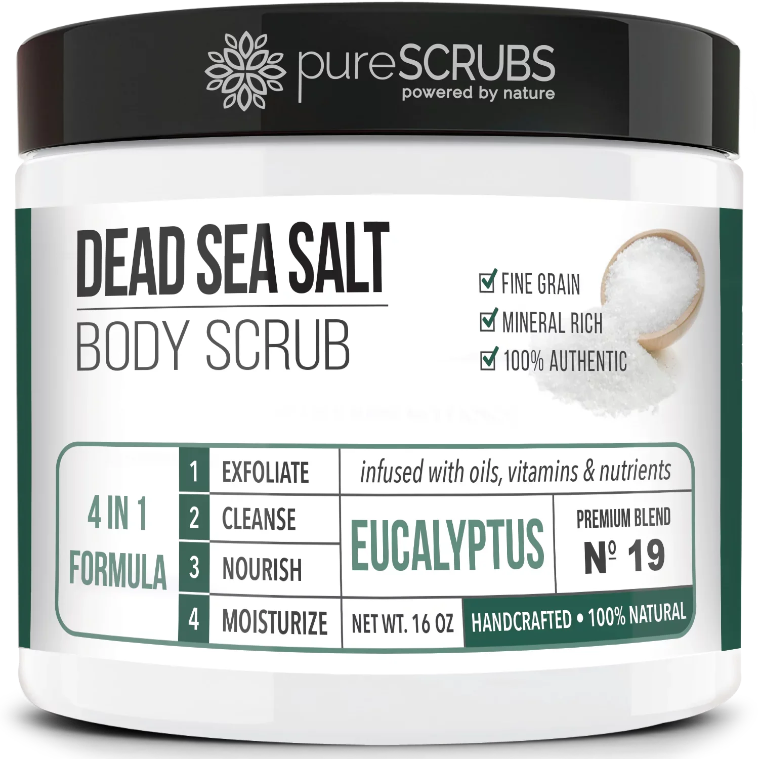 pureSCRUBS Premium Organic Body Scrub Set - Large 16oz EUCALYPTUS BODY SCRUB - Pure Dead Sea Salt Infused Organic Essential Oils & Nutrients + FREE Wooden Spoon, Loofah & Mini Exfoliating Bar Soap