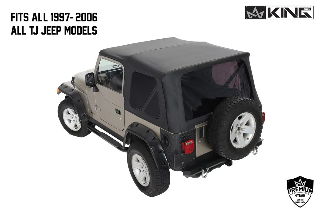 OVS 1997-2006 Fits Jeep Wrangler TJ King 4WD Premium Replacement Soft Top Without Upper Doors Black Diamond With Tinted Windows 14010235