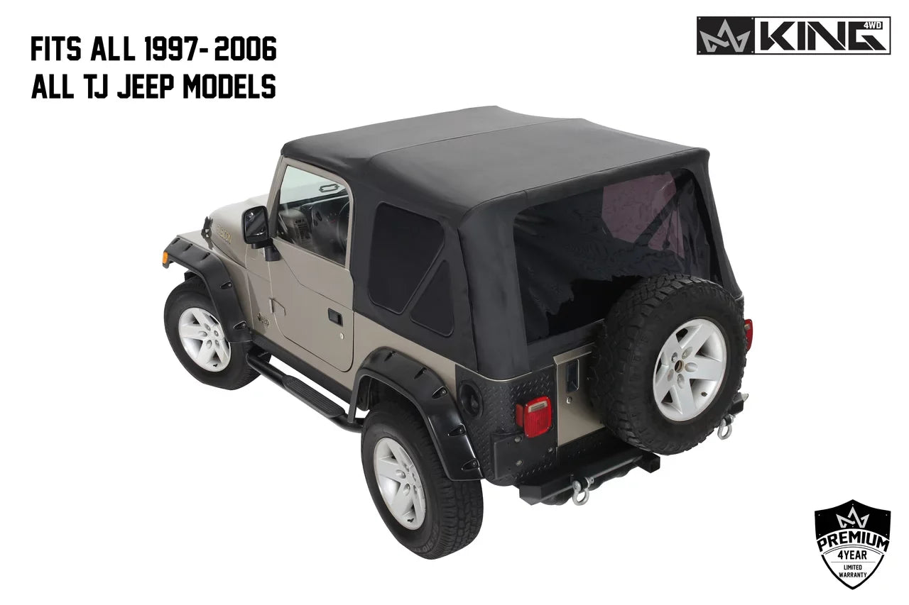 OVS 1997-2006 Fits Jeep Wrangler TJ King 4WD Premium Replacement Soft Top Without Upper Doors Black Diamond With Tinted Windows 14010235