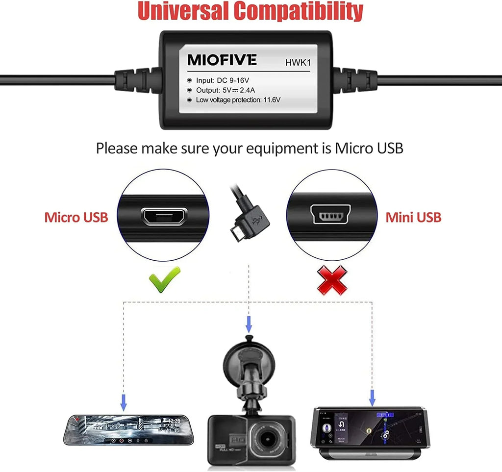 Dash Cam Hardwire Kit, 11.5ft ro USB Hard Wire Kit for Dashcam Converts 12V-24V to 5V/2.4A w/Fuse Kit