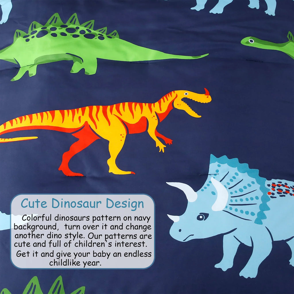 PERFEMET 4-Piece Toddler Bedding Set - Ultra Soft Cartoon Jurassic Dinosaur Print Boys Toddler Comforter Set - Include Comforter, Flat Sheet, Fitted Sheet and Reversible Pillowcase, Blue Dinosaur