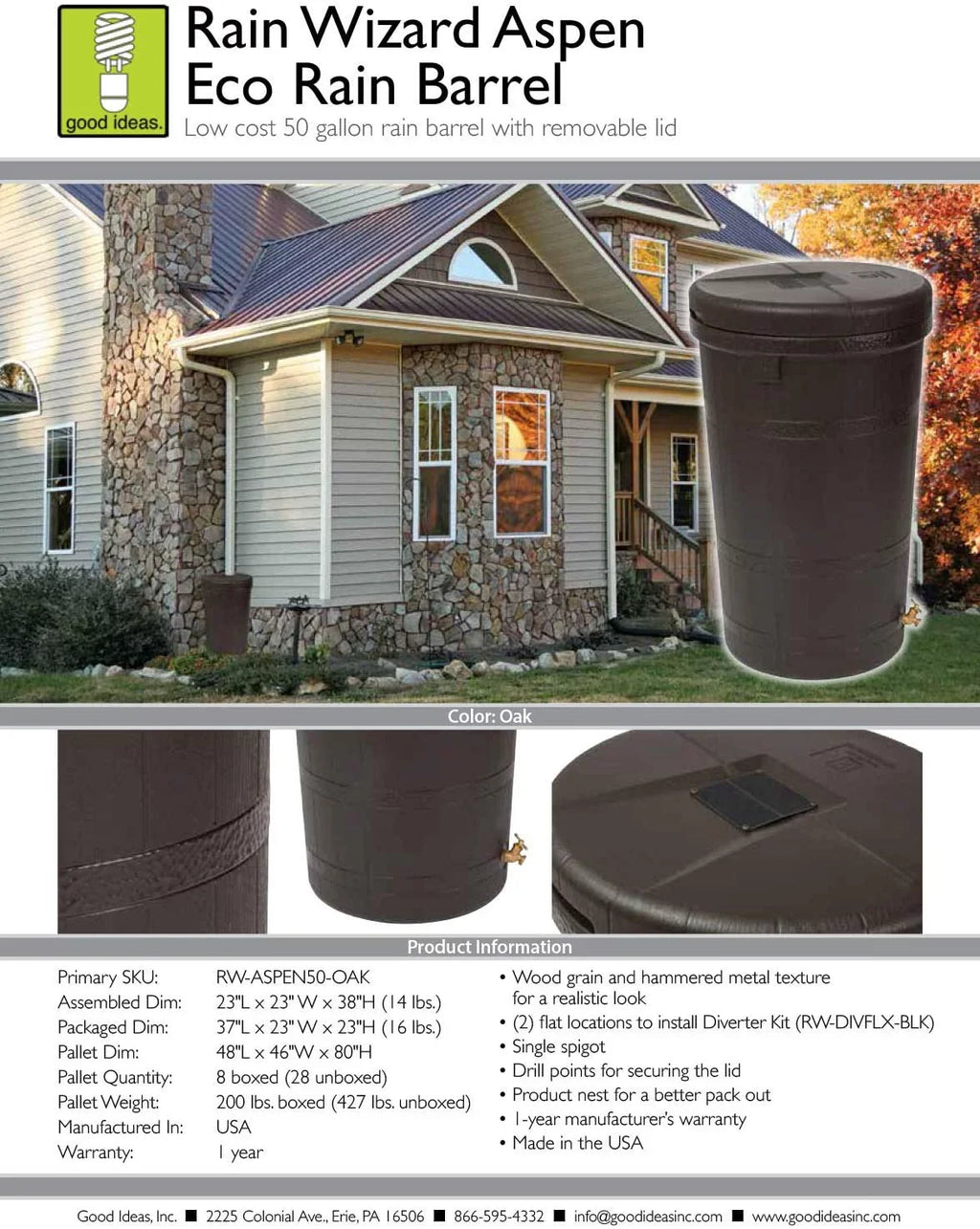 Good Ideas Aspen ECO 50 Gallon Outdoor Rain Barrel Water Storage Collector