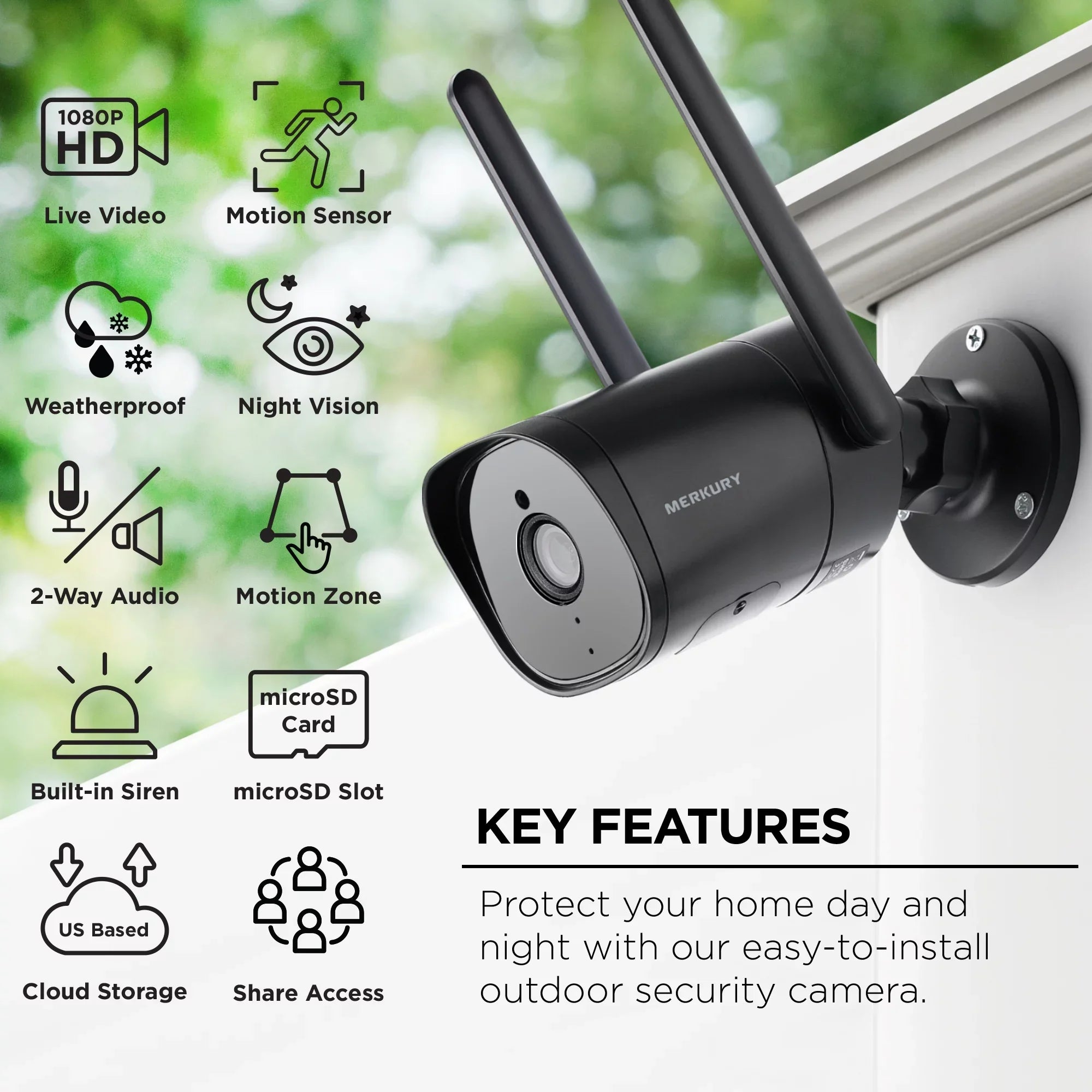 Merkury Smart 1080P Smart Outdoor Security Camera - Condition Night Vision, 2-Way Audio, Black, Wi-Fi