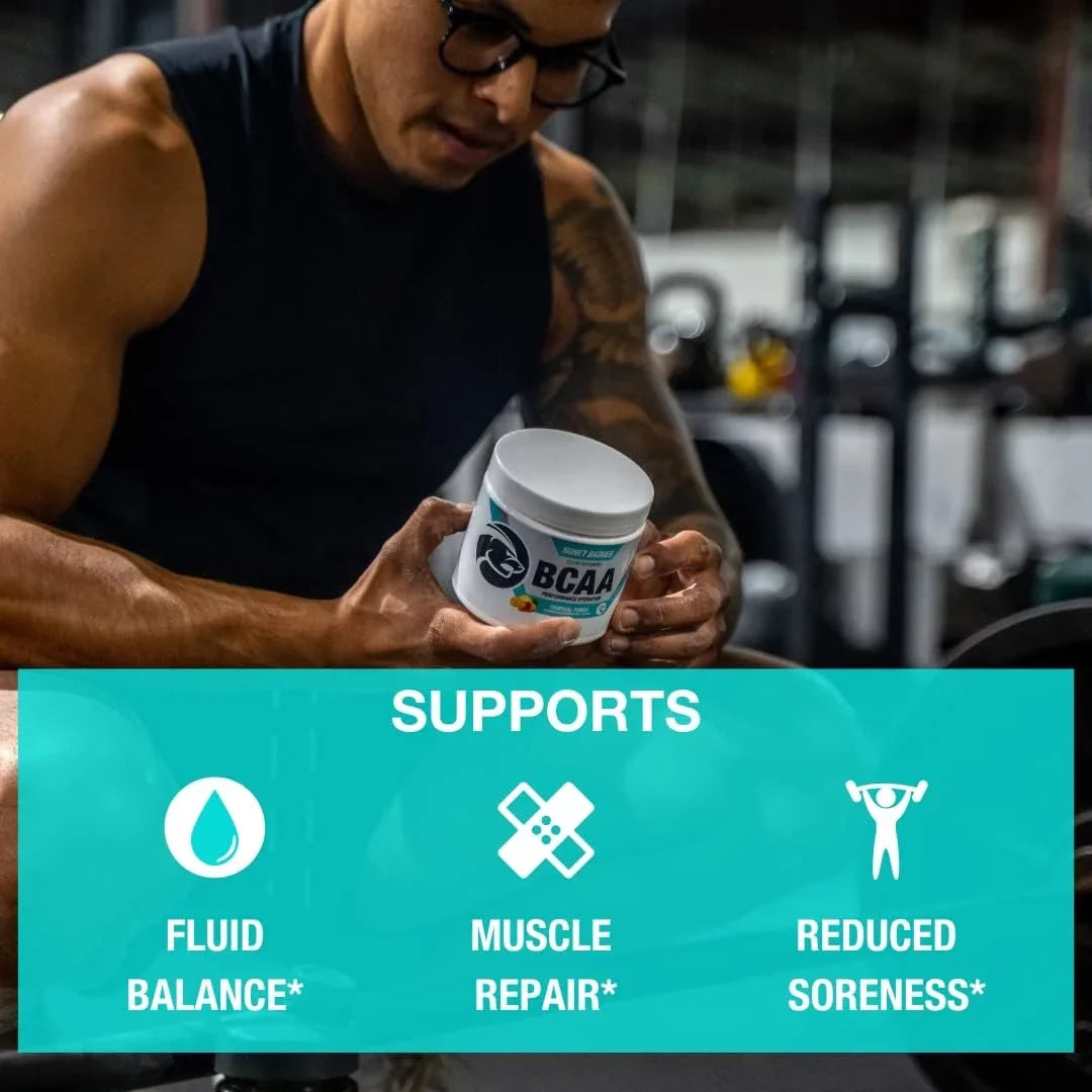Honey Badger BCAA Amino Acids Electrolytes Powder, Keto, Vegan, Sugar Free BCAAs + EAA with L-Glutamine For Men & Women, Hydration & Post Workout Muscle Protection Drink Mix, Tropical Punch, 30 Servings