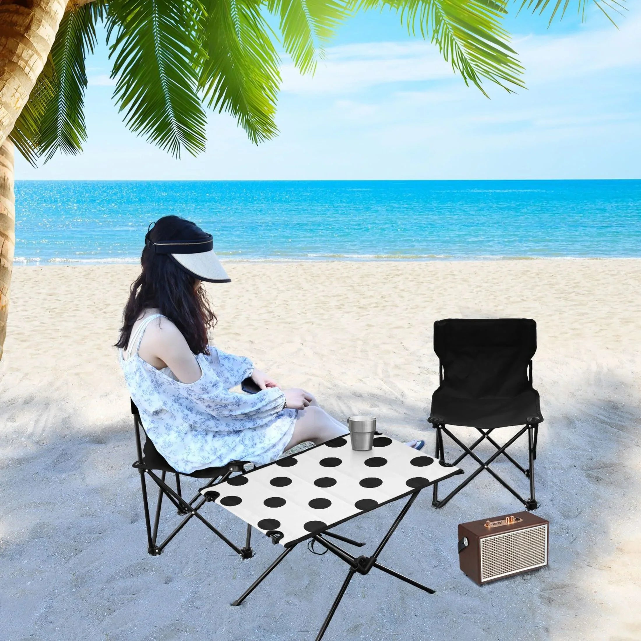 Black Polka Dots Camping Foldable Portable Table Beach Table with Storage Bag Compact Picnic Table for Outdoor Hiking Fishing BBQ