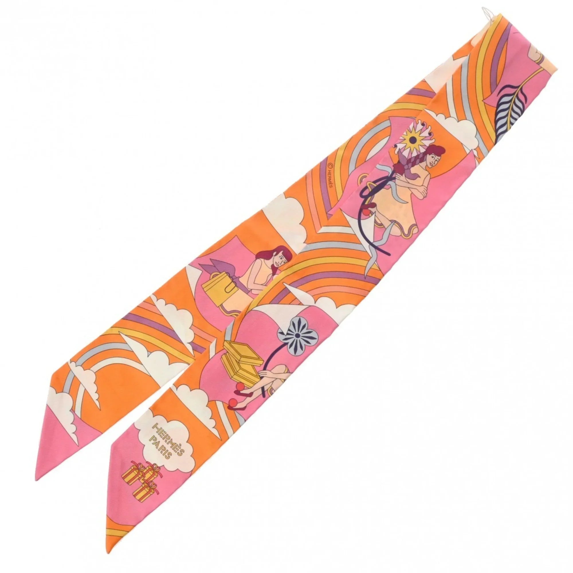 Pre-Owned HERMES Twilly Carres Volants Orange/Rose/Mauve - Women's 100% Silk Scarf Muffler (Like New)