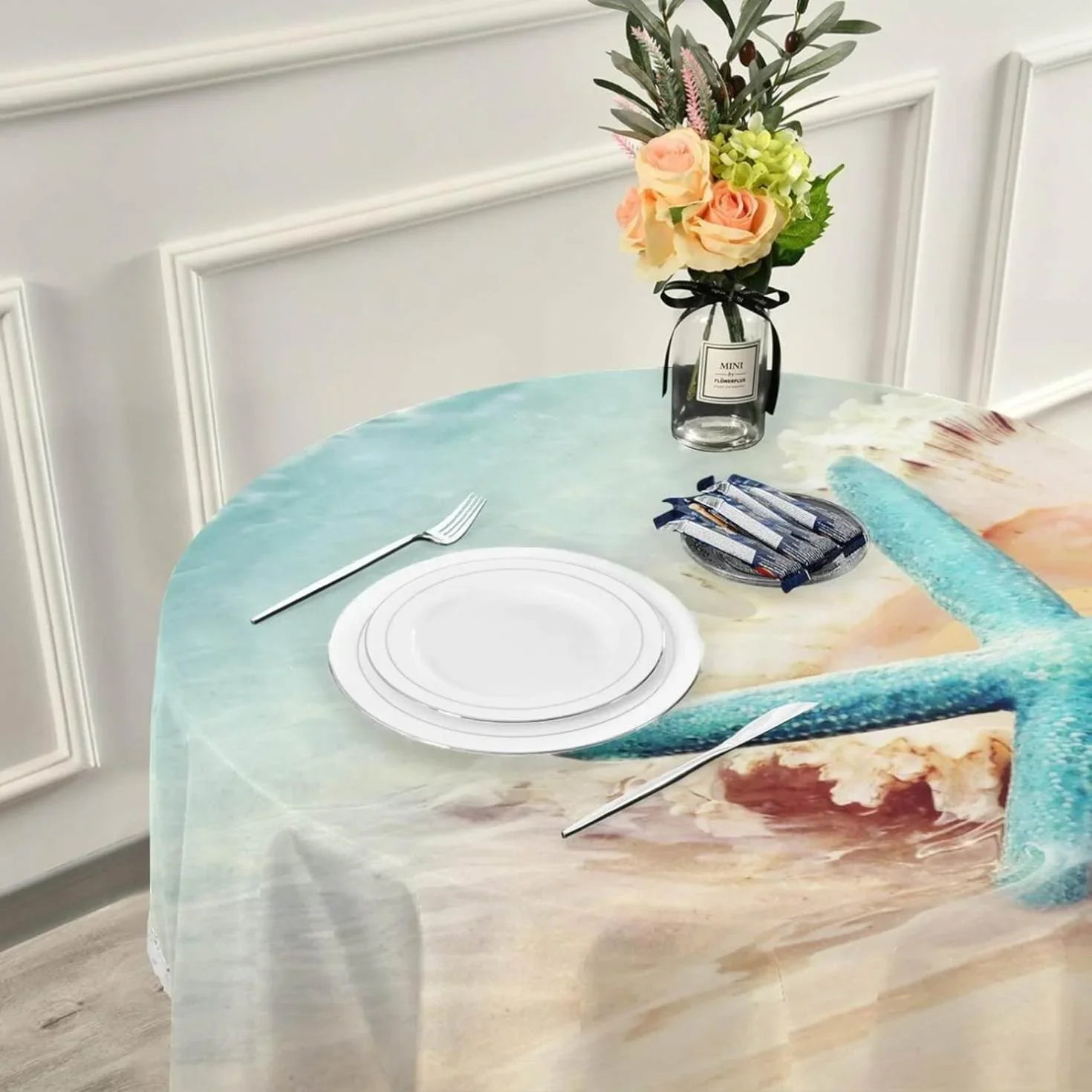 SKYSONIC Starfish Summer Beach Round Tablecloth 60inch Indoor Wrinkle Free, Sea Wave Conch Circular Lace Table Shield Washable for Kitchen Party BBQ Dining Decor