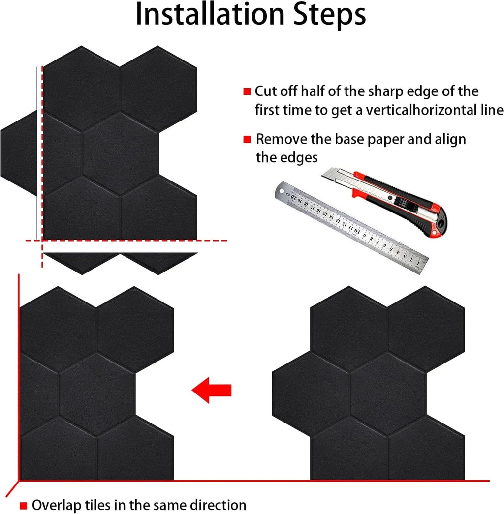 Real 3D Matte Black Self Adhesive PET Tiles Big Hexagon Peel and Stick Backsplash for Kitchen Bathroom(11.57''x10.35'',10-Sheet)
