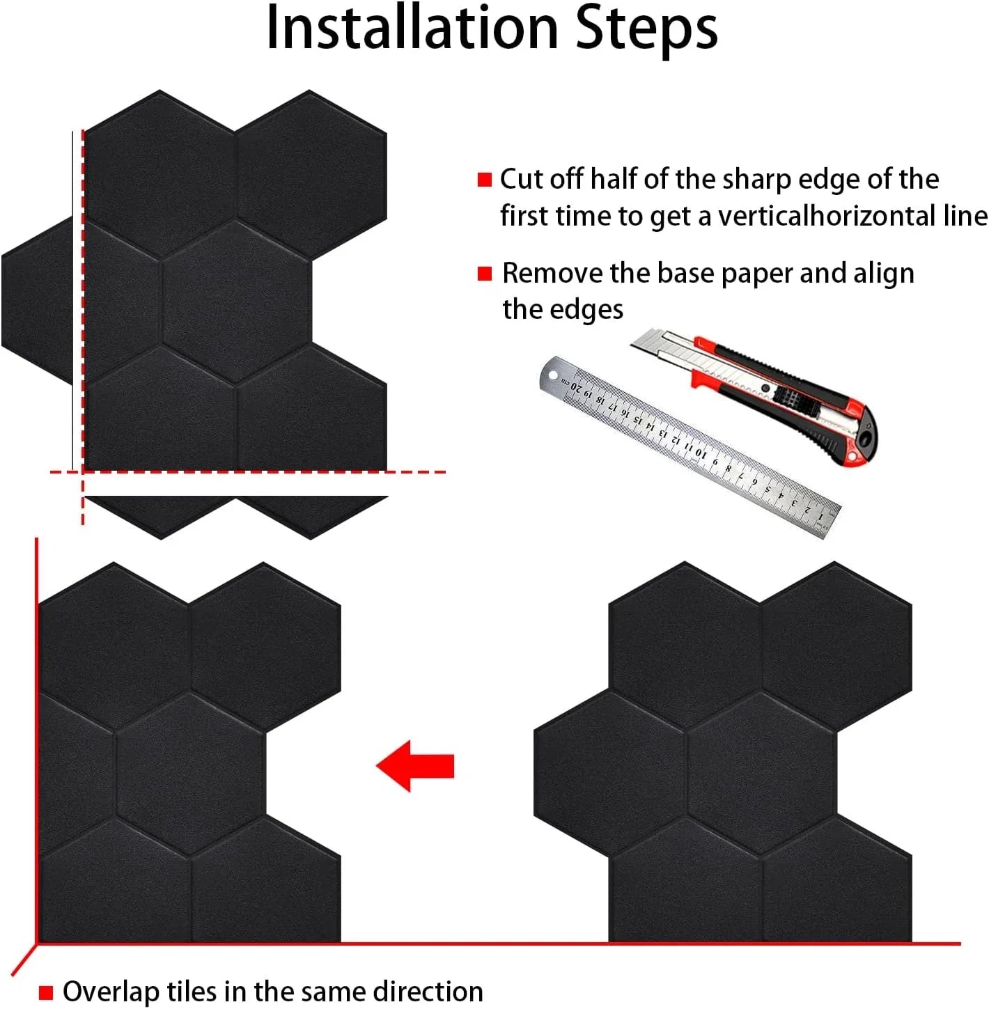 Real 3D Matte Black Self Adhesive PET Tiles Big Hexagon Peel and Stick Backsplash for Kitchen Bathroom(11.57''x10.35'',10-Sheet)