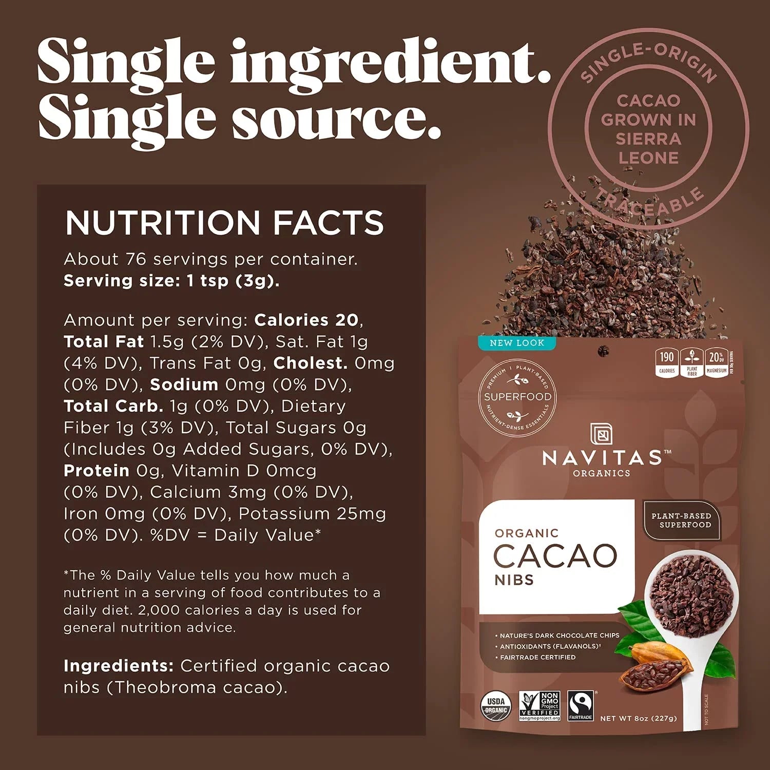 (Pack of 1) Navitas Organics Raw Cacao Nibs 8 oz. Bag 8 Servings Organic Non-GMO Fair Trade Gluten-Free