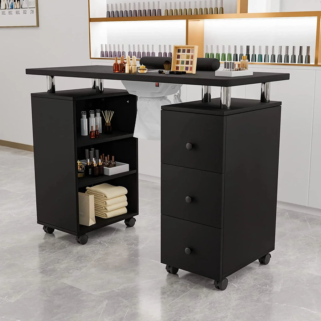 OmySalon Nail Desk Manicure Table for Nail Tech w/Electric Dust Collector, Portable Nail Table Station Beauty Salon Supplies Acetone Impervious w/Lockable Wheels,Wrist Cushion,3-Tier Shelves&Drawers