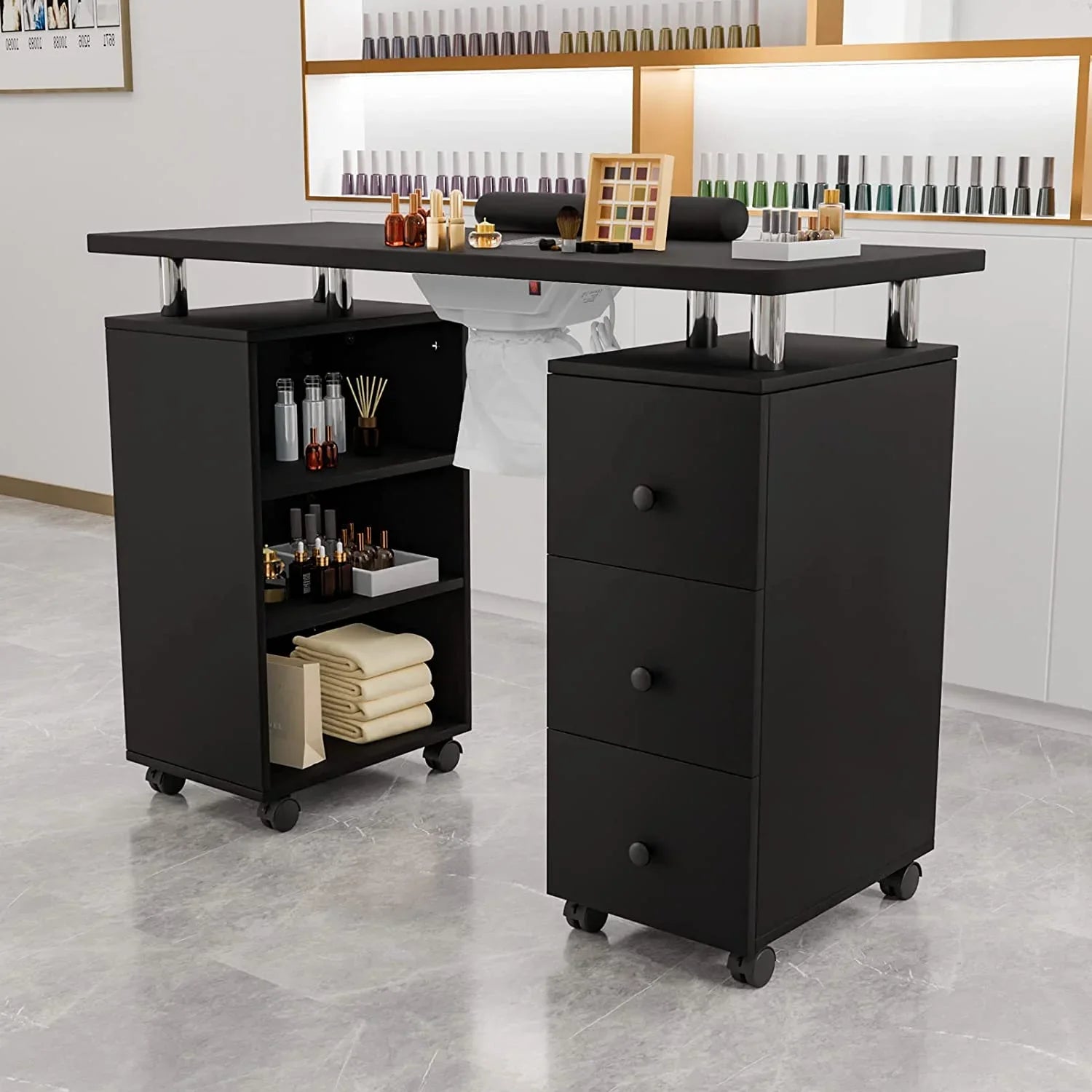 OmySalon Nail Desk Manicure Table for Nail Tech w/Electric Dust Collector, Portable Nail Table Station Beauty Salon Supplies Acetone Impervious w/Lockable Wheels,Wrist Cushion,3-Tier Shelves&Drawers