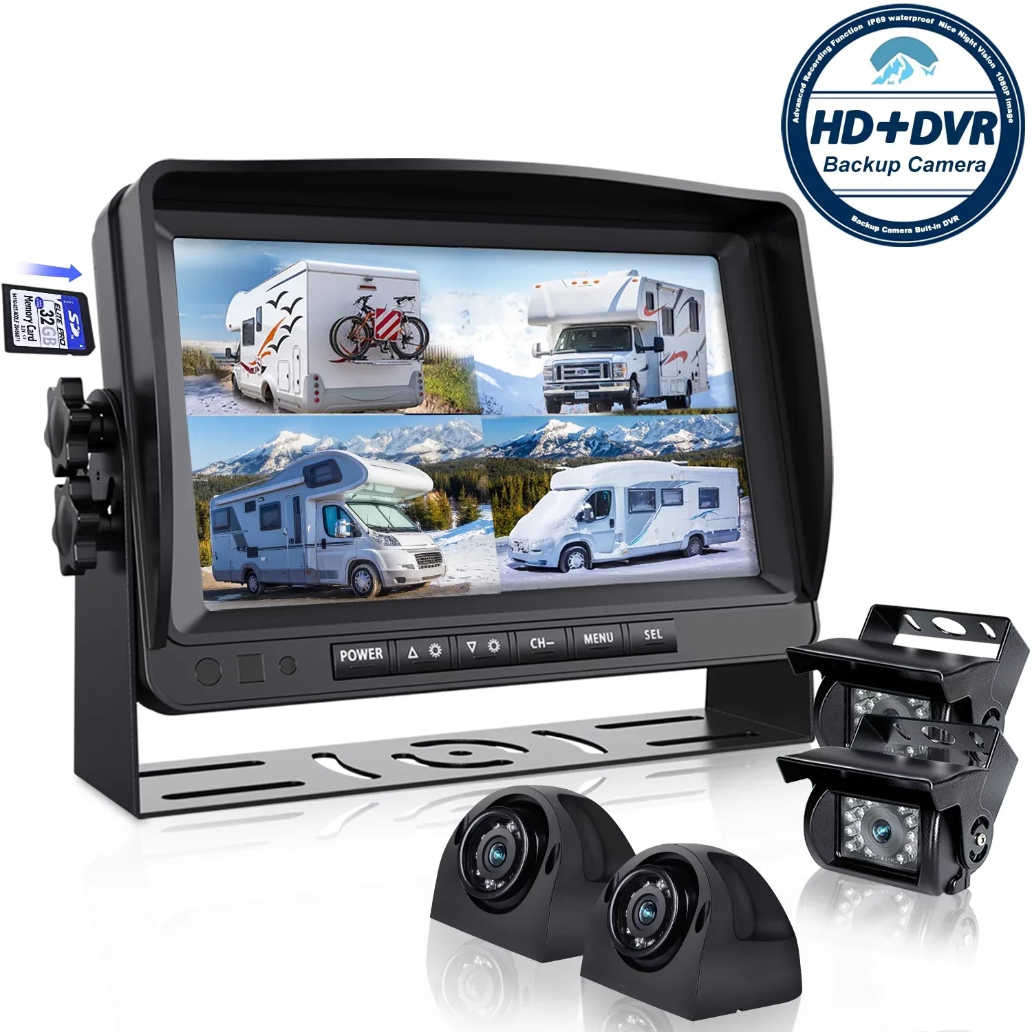 eRapta A9 RV Backup Camera System with 9’’ Large Monitor, Backup camera for RV Car Box Truck Trailer HD Rear and Side View Camera Quad 4 Split Screens Advanced DVR Record Function IP69 Waterproof