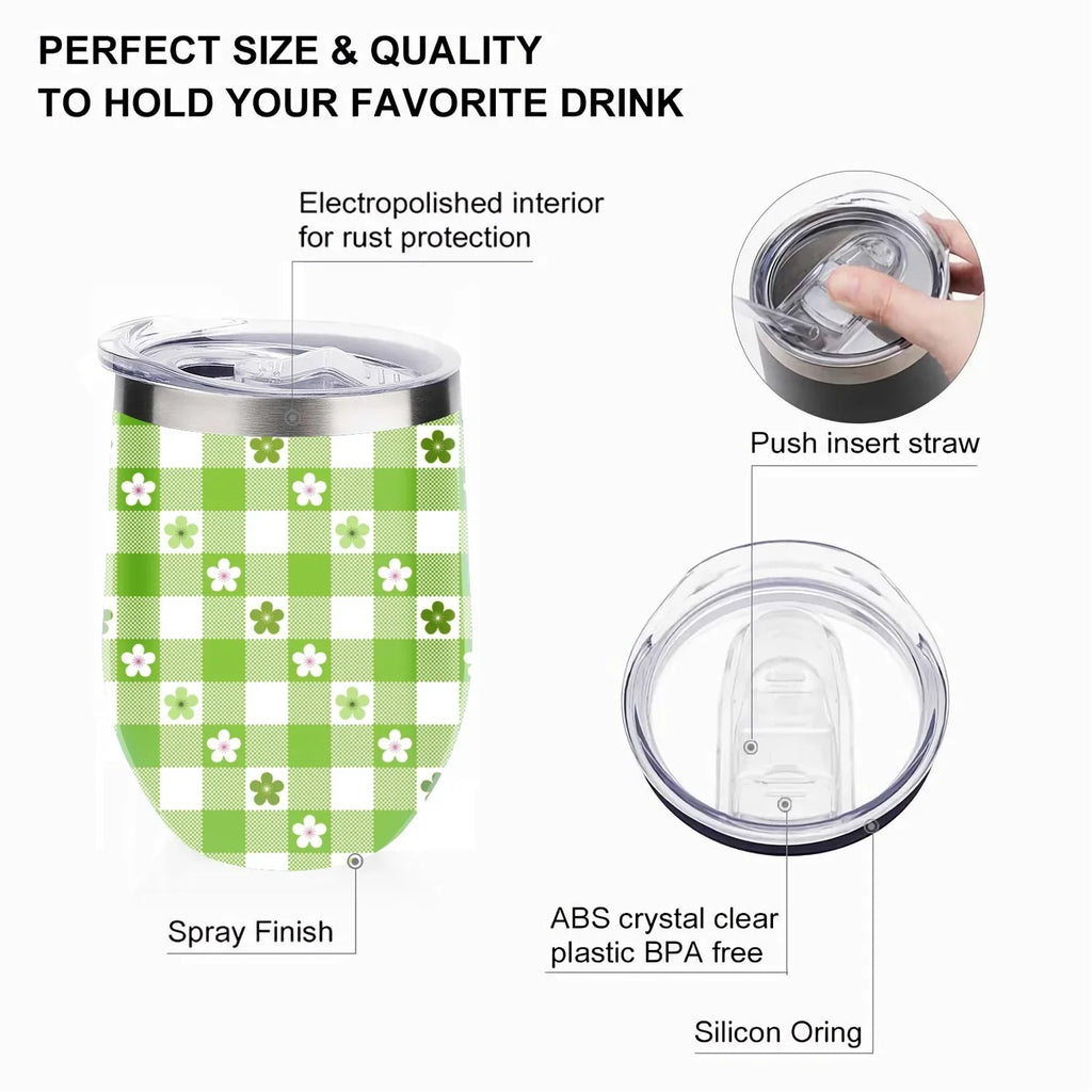 Hidove 12oz 304 Stainless Steel Vacuum Insulated Cups, Green and White Flowers Eggshell Cup U Shape Tumbler Cups with Lid, Double Layer Insulation Wine Cup Big Belly Cup