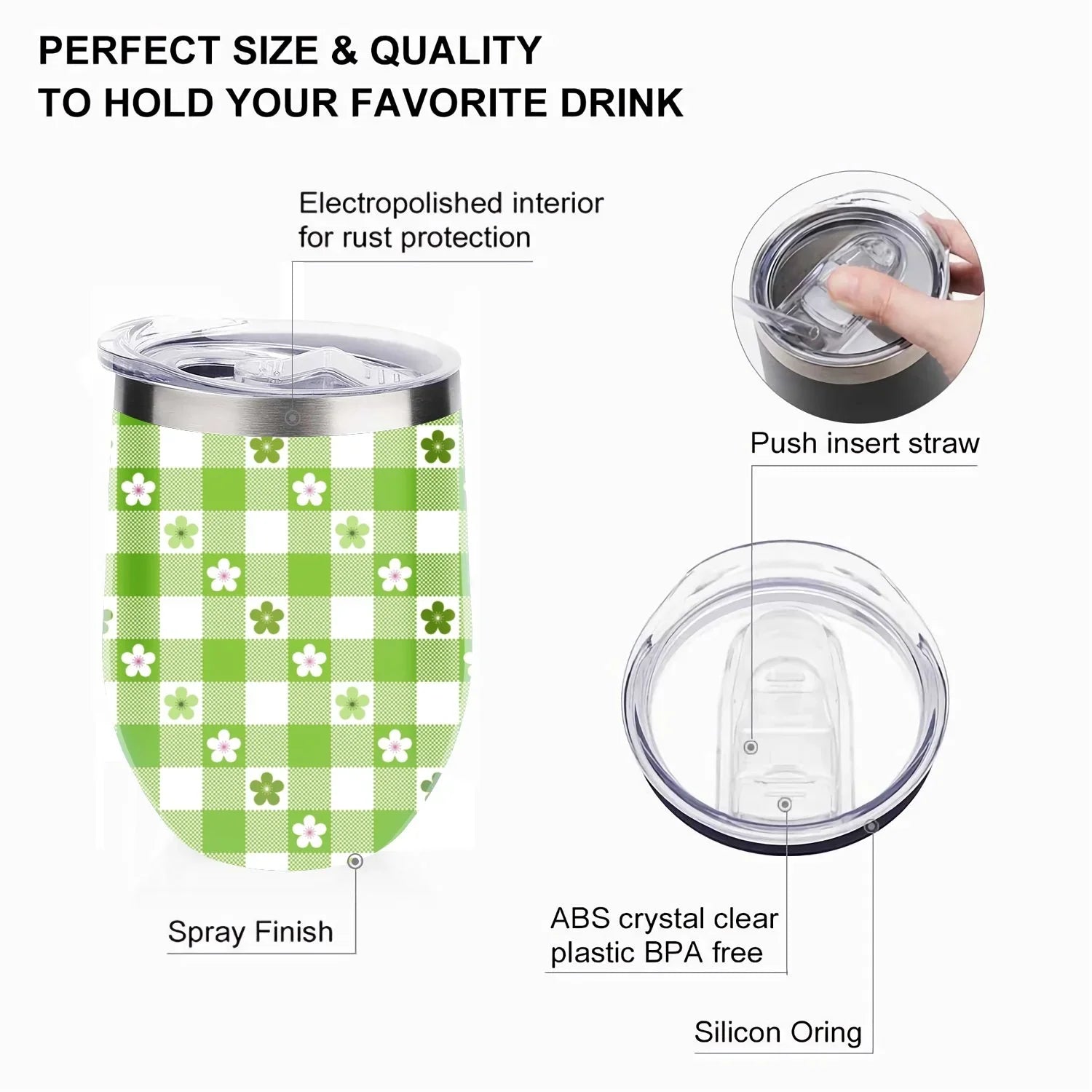 Hidove 12oz 304 Stainless Steel Vacuum Insulated Cups, Green and White Flowers Eggshell Cup U Shape Tumbler Cups with Lid, Double Layer Insulation Wine Cup Big Belly Cup
