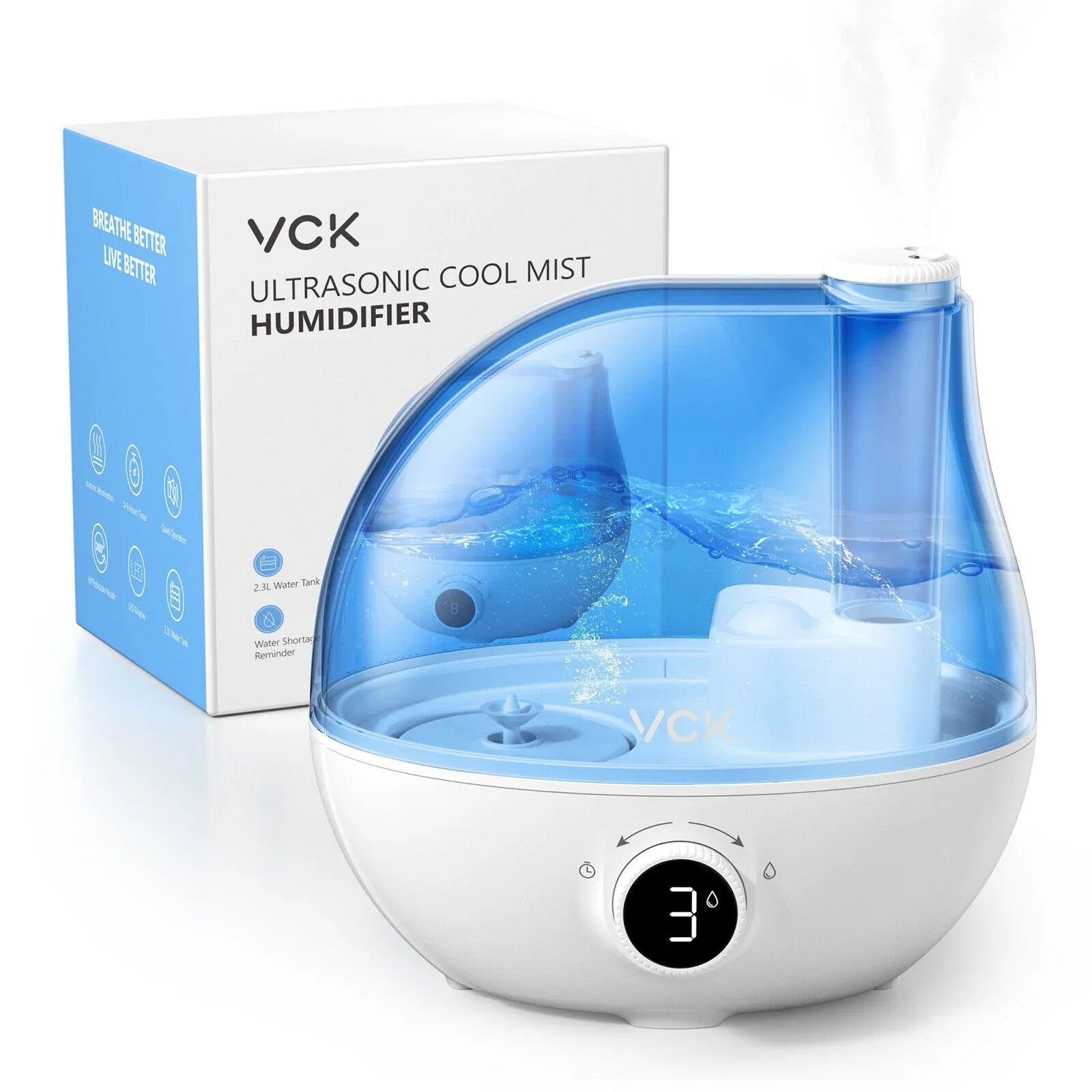 Humidifiers for Bedroom, VCK 2.3L Ultrasonic Cool Mist Quiet Air Humidifier, 24 Hours Run Time, Auto Shut-Off, 3 Mist Levels, 360° Rotation Nozzle for Home Baby Nursery, Plants, Large Room Indoor Use