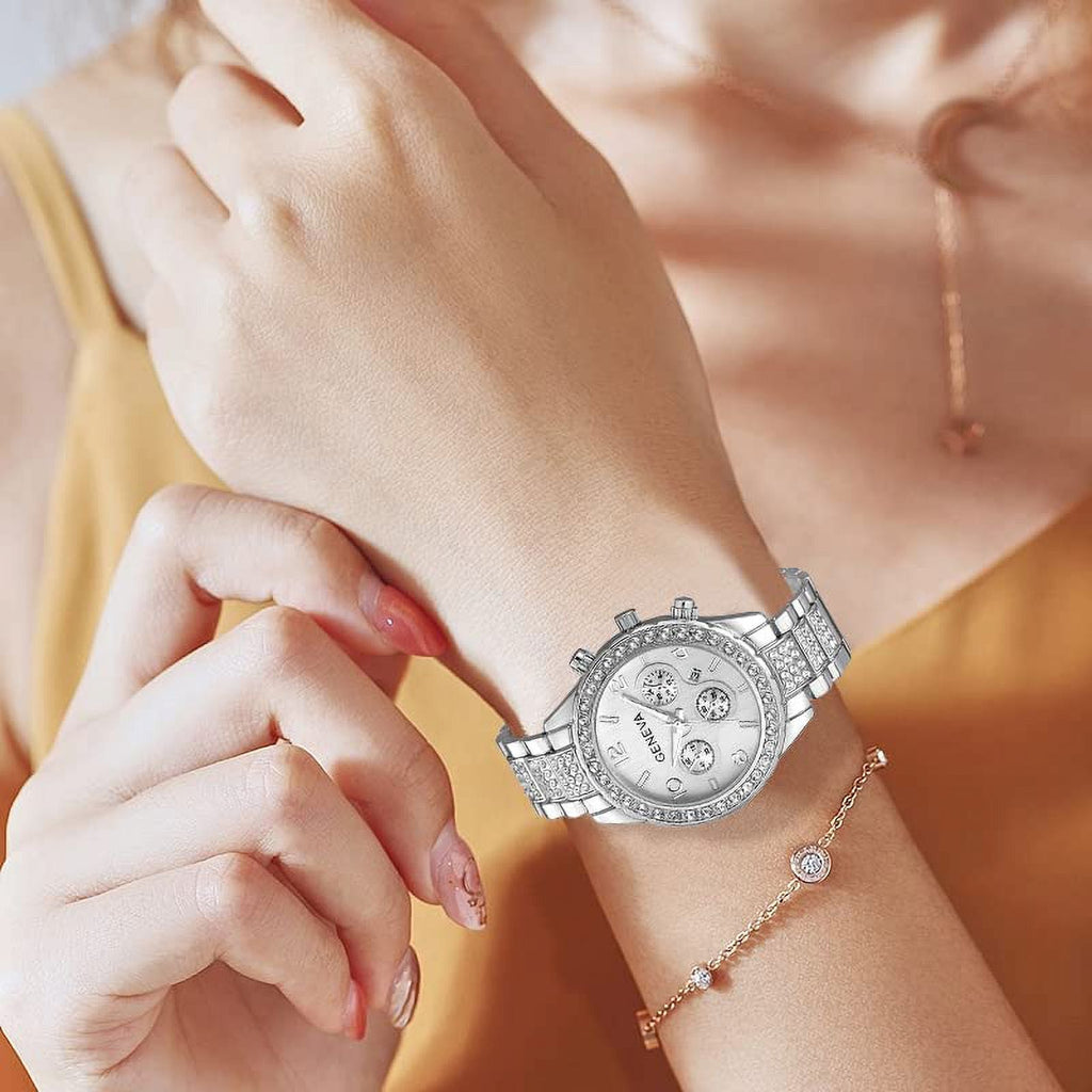 FANMIS Luxury Unisex Pave Floating Crystal Diamonds Calendar Analog Quartz Watch Luminous Pointer with Stainless Steel Link Bracelet