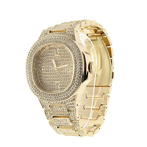 CHARLES RAYMOND Bling Bling Hip Hop Iced Out Watches Nauti Designer Look Full Shiny Diamond Watch Case, Dial and Bracelet ST10266 Mens Gold