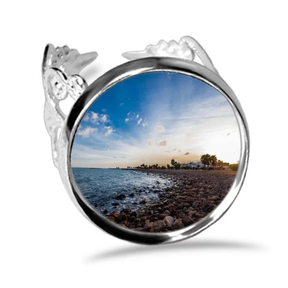 Ocean Stone Beach Sea Picture Ring Adjustable Love Wedding Engagement