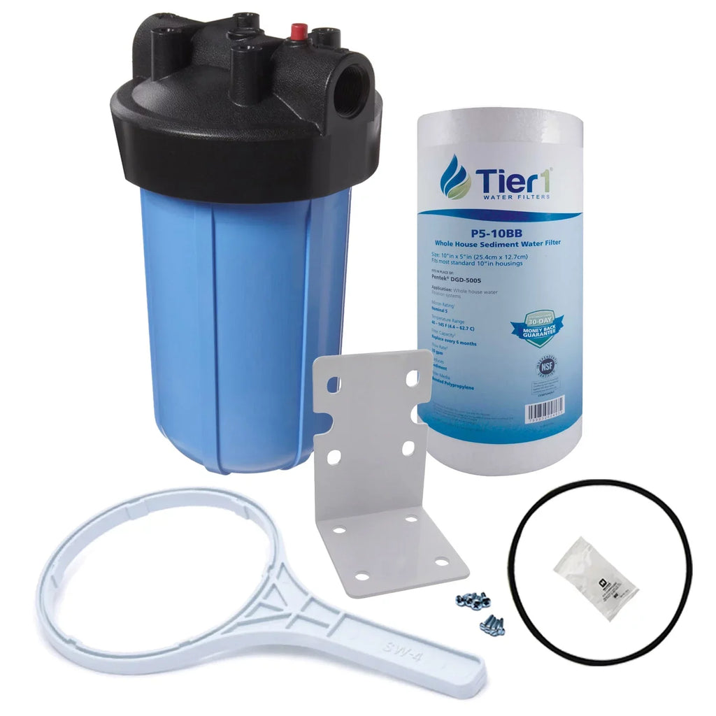 Tier1 5 Micron 10 Inch x 4.5 Inch Sediment Water Filter Replacement Cartridge Kit with 10 inch Big PP Housing and Pressure Release (1 inch Inlet/Outlet) | Matching with DGD-5005, Home Water Filter