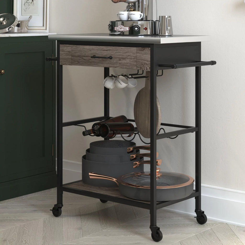 Novogratz Nora Multifunctional Kitchen Cart, Wine Rack and Pantry Storage, Stainless Steel and Black Metal, Brown