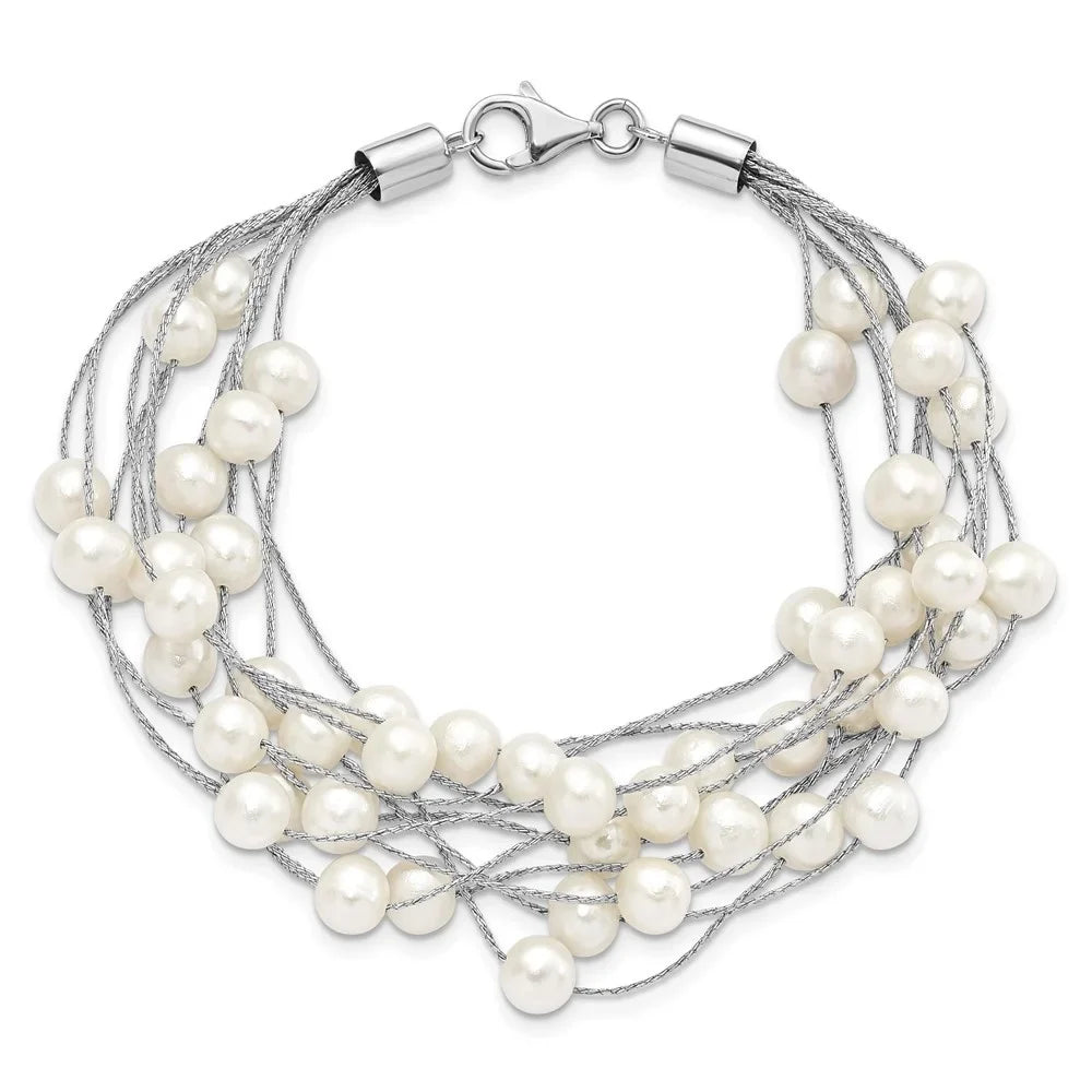 Auriga 925 Sterling Silver Rhod-plat 7-8mm White FWC Pearl 10-rows Bracelet 7.25inch for Women