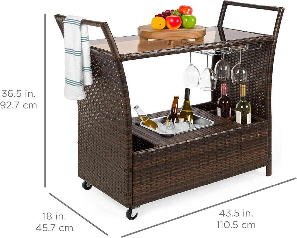 Outdoor Rolling Wicker Bar Cart w/Removable Ice Bucket, Glass Countertop, Wine Glass Holders, Storage Compartments - Brown