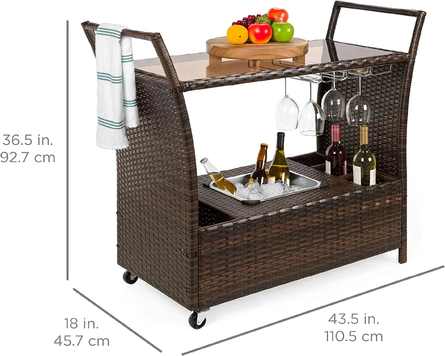 Outdoor Rolling Wicker Bar Cart w/Removable Ice Bucket, Glass Countertop, Wine Glass Holders, Storage Compartments - Brown