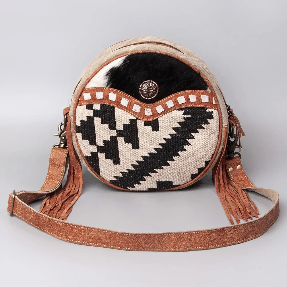 OH Ohlay Bags OHV119 Canteen Upcycled Wool Upcycled Canvas Hair-On Genuine Leather Women Bag Western Handbag Purse