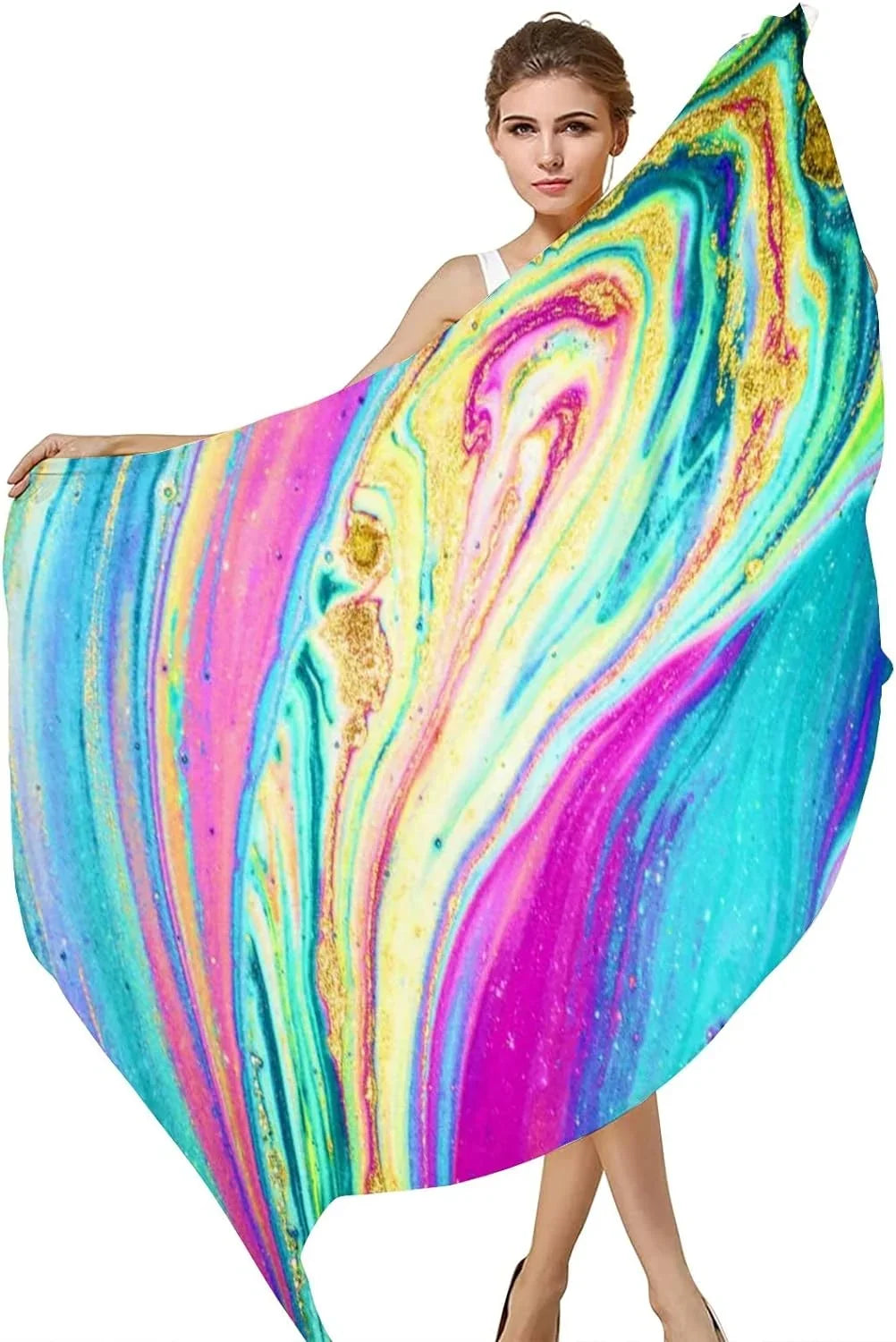 Hyjoy Watercolor Marble Art Long Silk Neck Scarf Lightweight Shawl Wrap Scarves for Women Girls