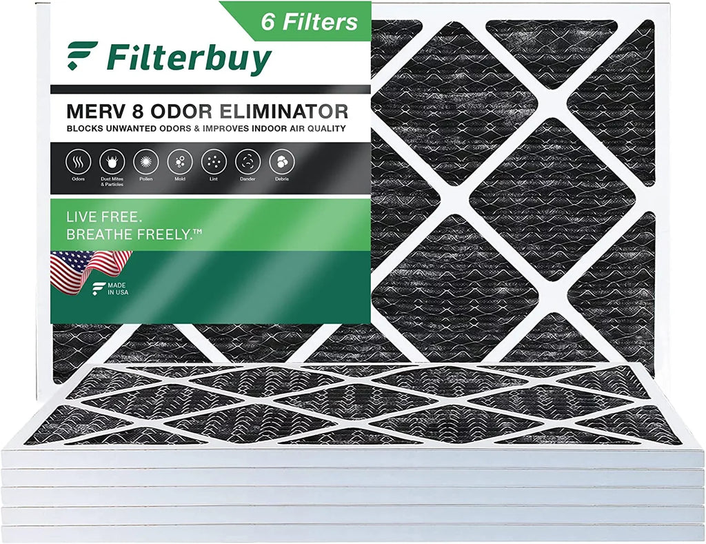 Filterbuy 14x25x1 MERV 8 Odor Eliminator Pleated HVAC AC Furnace Air Filters with Activated Carbon (6-Pack)